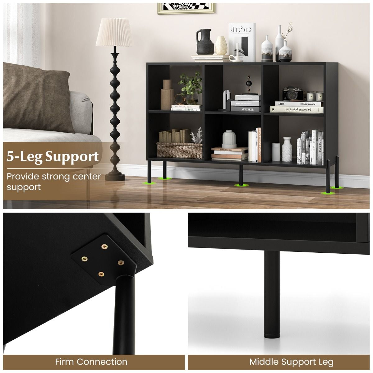 6-Cube Storage Bookcase Wooden Open Bookshelf with 5 Metal Legs