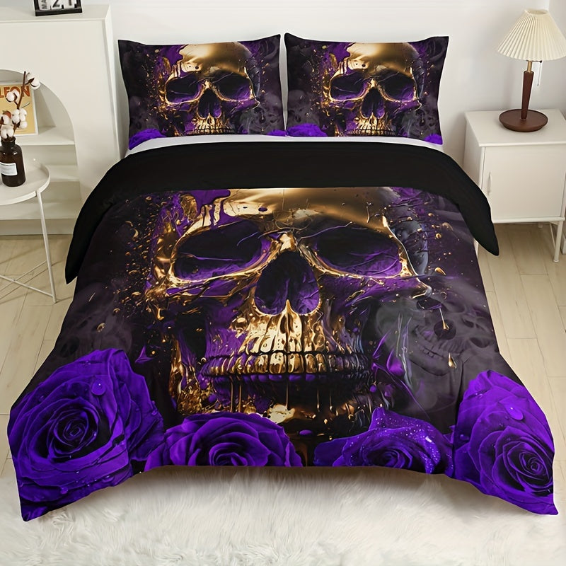 3pcs Soft Purple Rose Skull Pattern Breathable Duvet Cover Set for Bedroom, Guest Room, and Dorm Decor - Includes 1 Duvet Cover and 2 Pillowcases (Core Not Included) For Halloween
