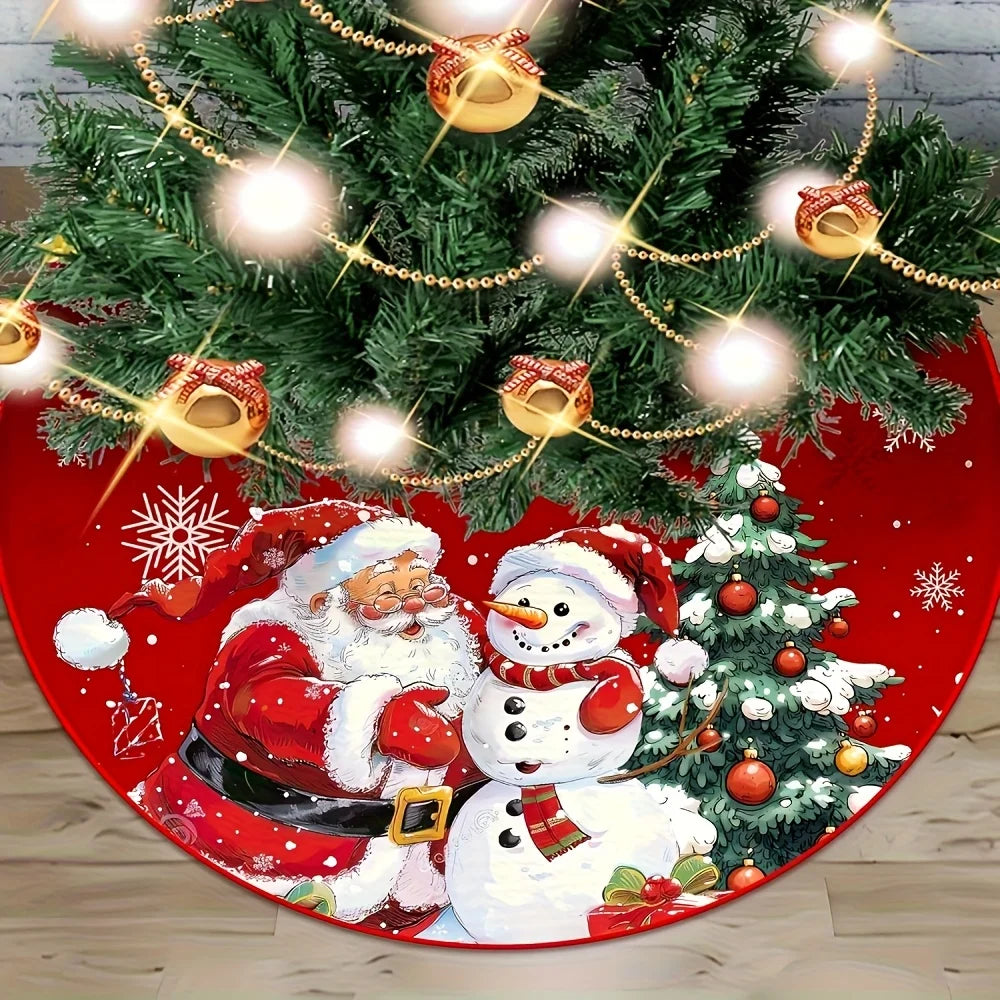 Red Christmas Theme Christmas Tree Skirt - Snowflake Santa Print