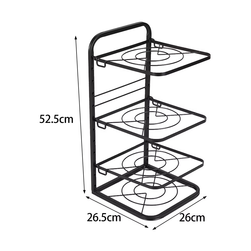 4-Tier Black Freestanding Kitchen Pot Rack Organizer, Heavy Duty Iron Adjustable Dividers Rust-Proof Storage Rack 26X26.5X52.5Cm