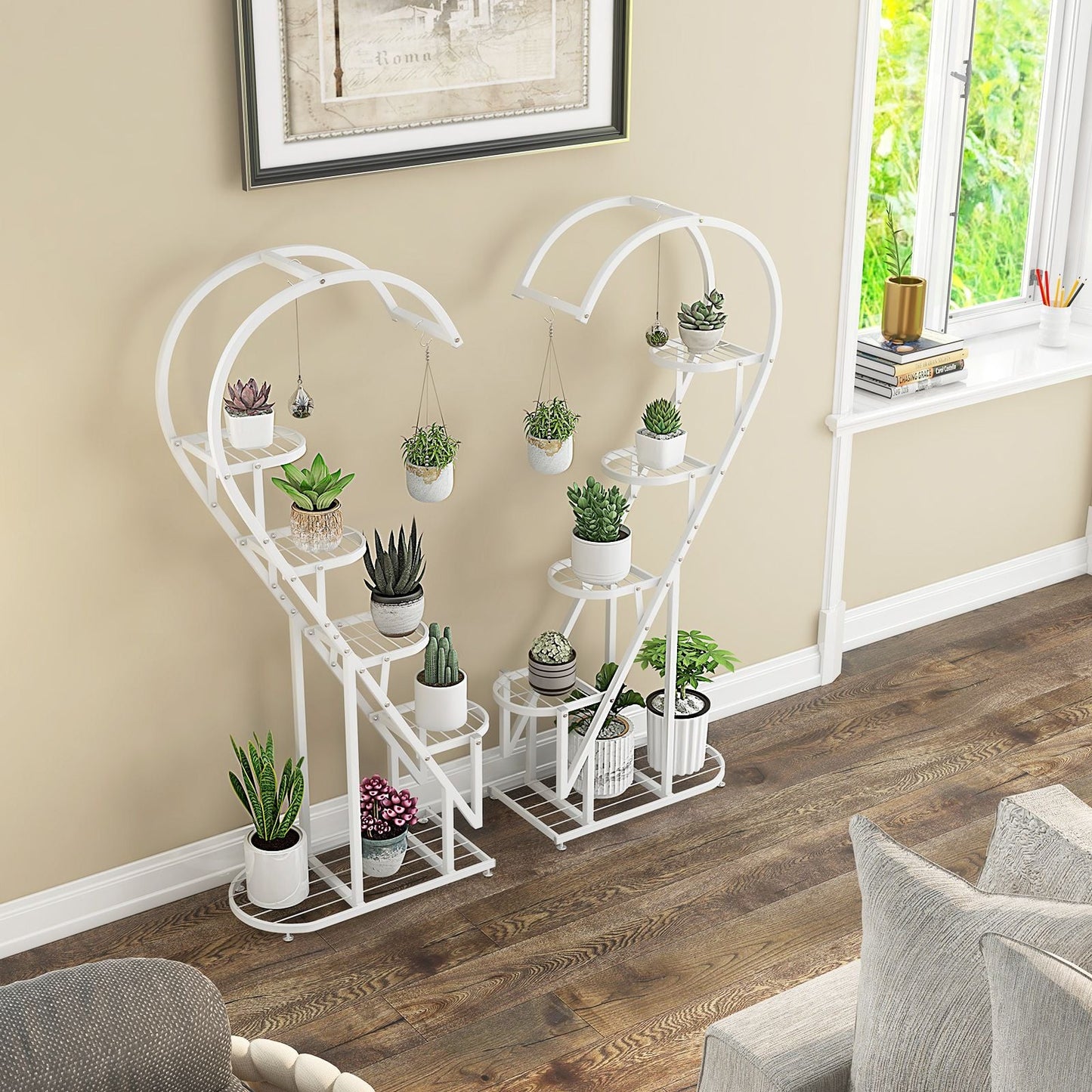 5-Tier Metal Heart-Shaped Plant Stand with Integrated Hanging Hooks