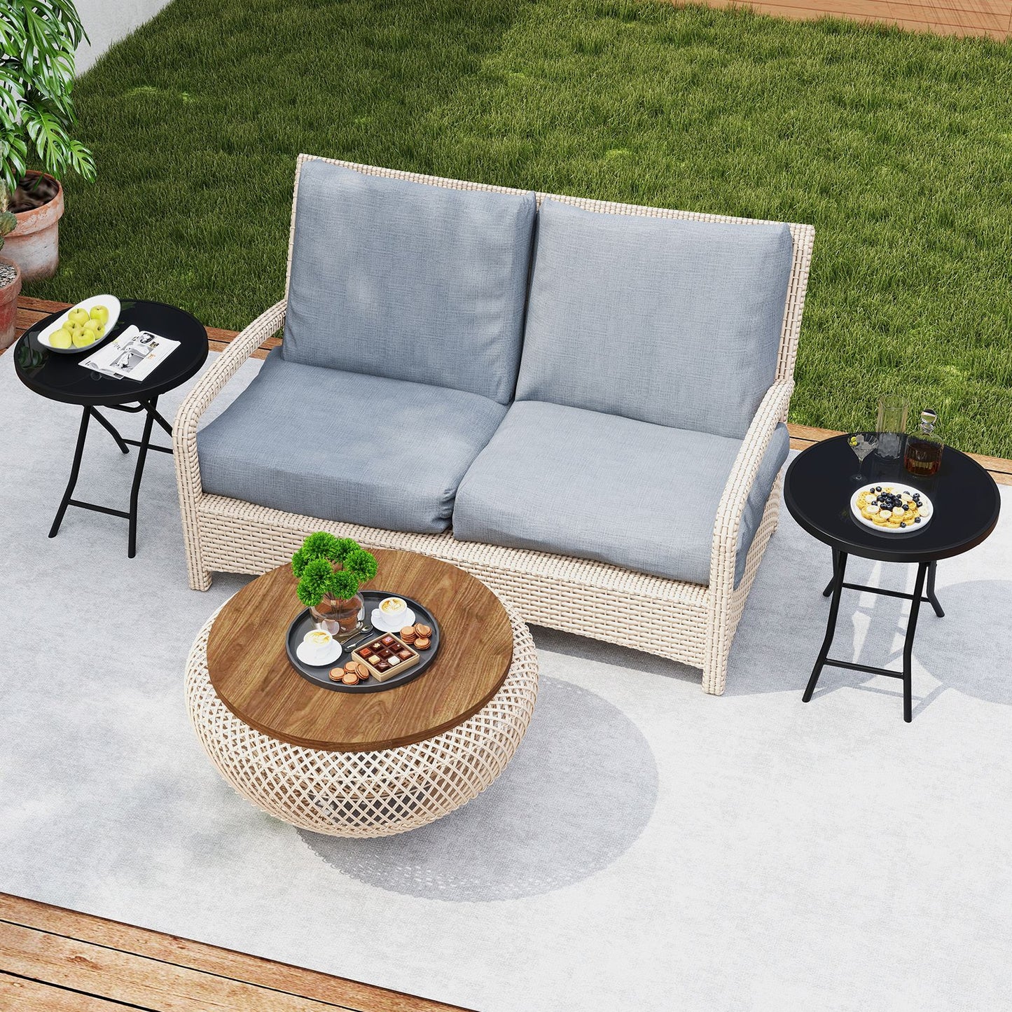 Round Folding Patio Coffee Table with Tempered Glass Top