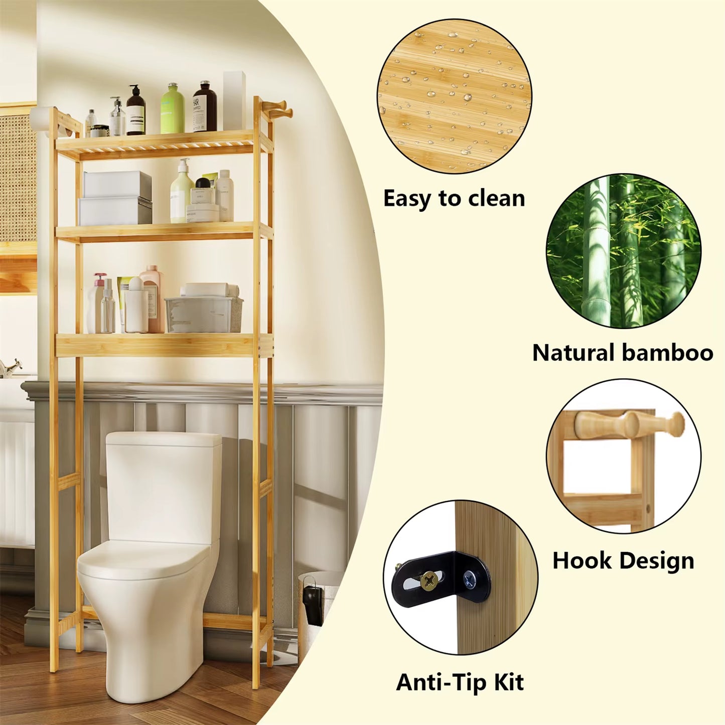 Over the Toilet Shelf Bathroom Bamboo Organizer over the Toilet Space-Saver 3-Tier Storage Shelf Cabinet