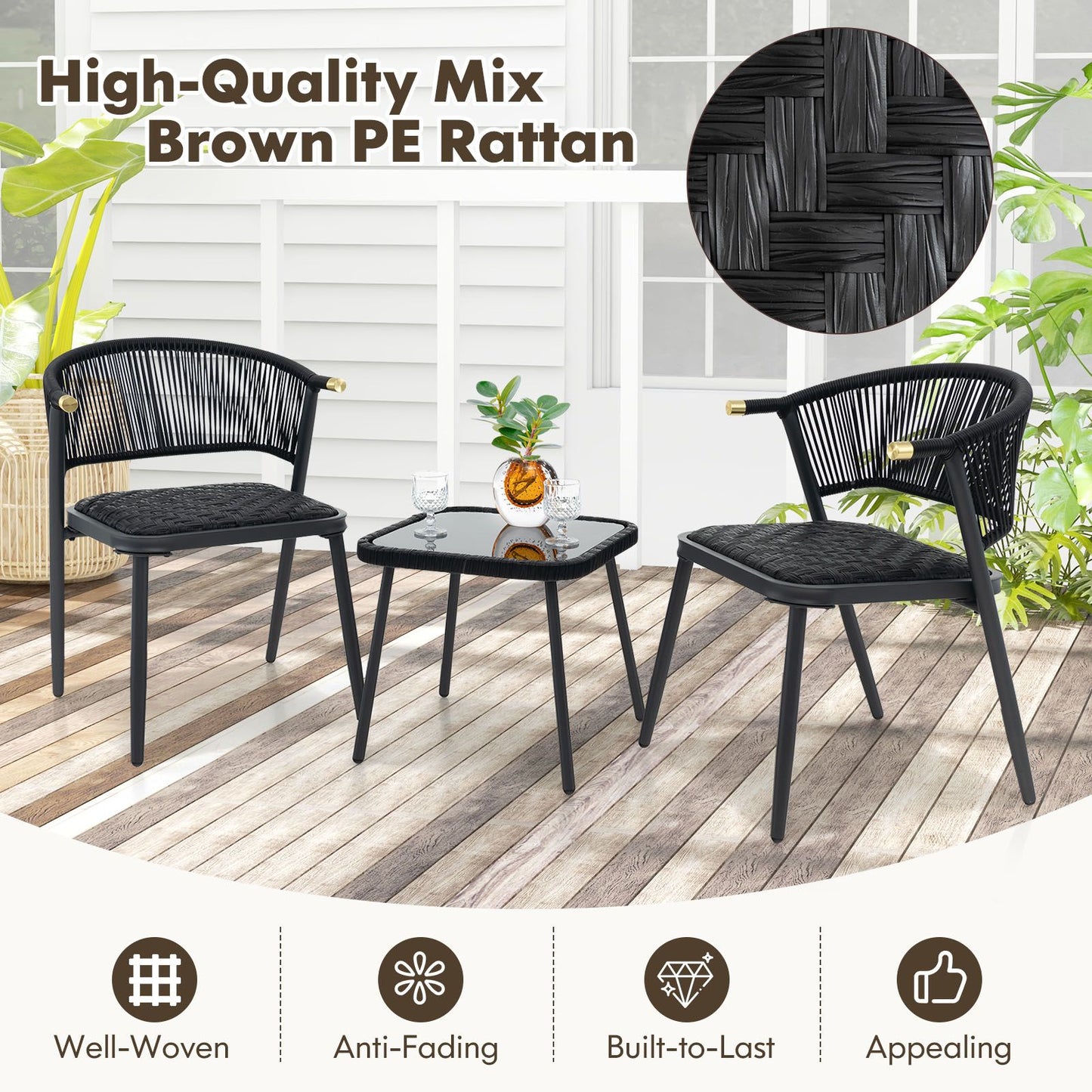 Three-Piece Outdoor Wicker Furniture Set Featuring Tempered Glass Coffee Table