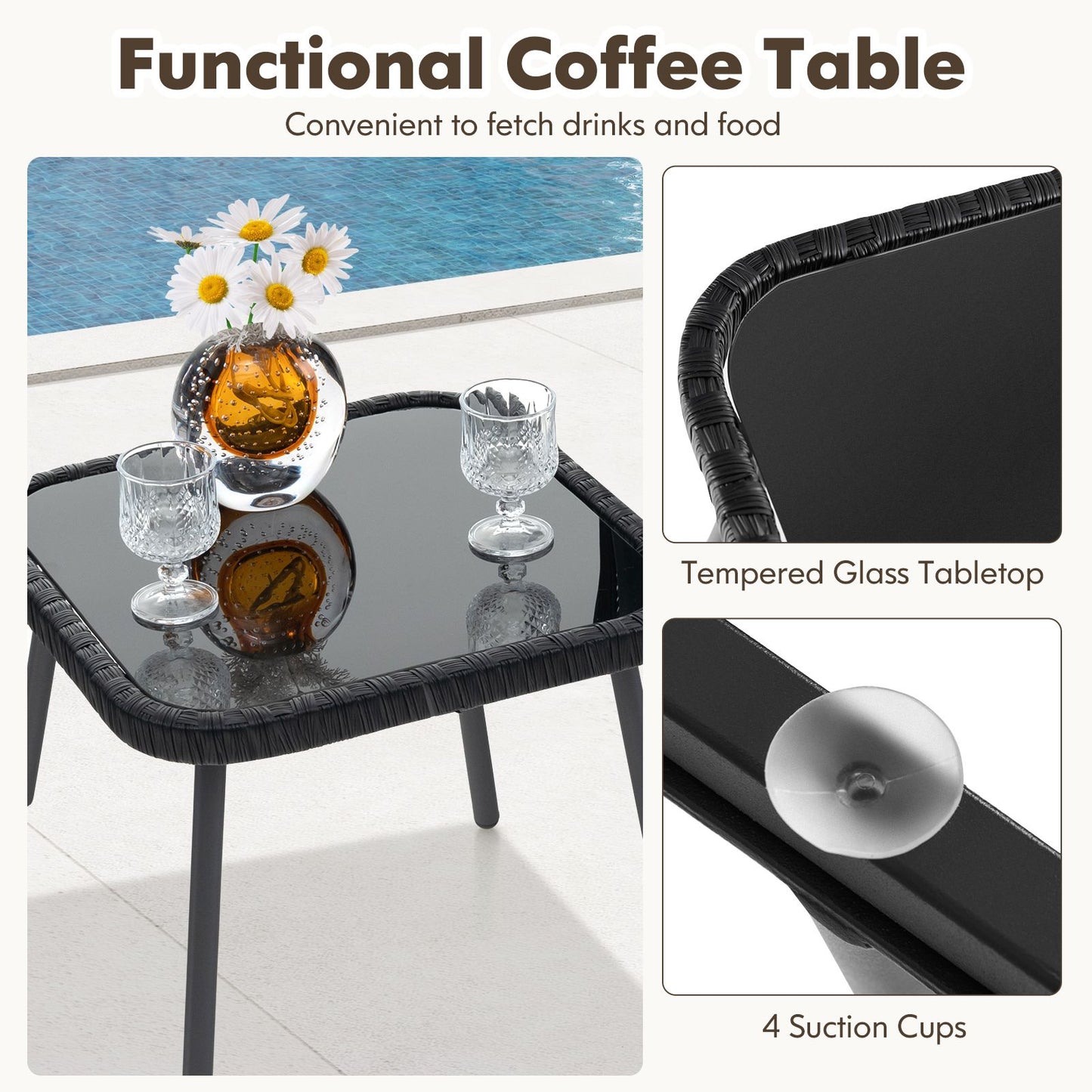 Three-Piece Outdoor Wicker Furniture Set Featuring Tempered Glass Coffee Table