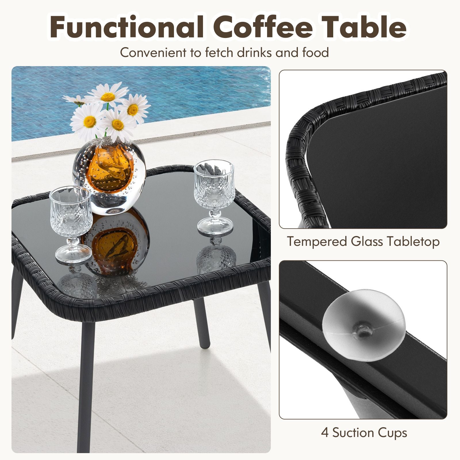 Three-Piece Outdoor Wicker Furniture Set Featuring Tempered Glass Coffee Table