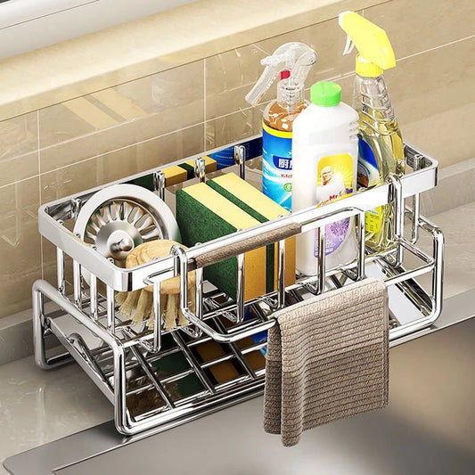 Versatile Stainless Steel Kitchen Shelf & Sponge Drain Rack - Perfect for Dishwashing Supplies and Dishcloth Storage