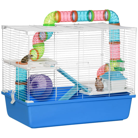 Blue Hamster Cage with Fun Tubes, Exercise Wheel, Water Bottle, and Food Dish