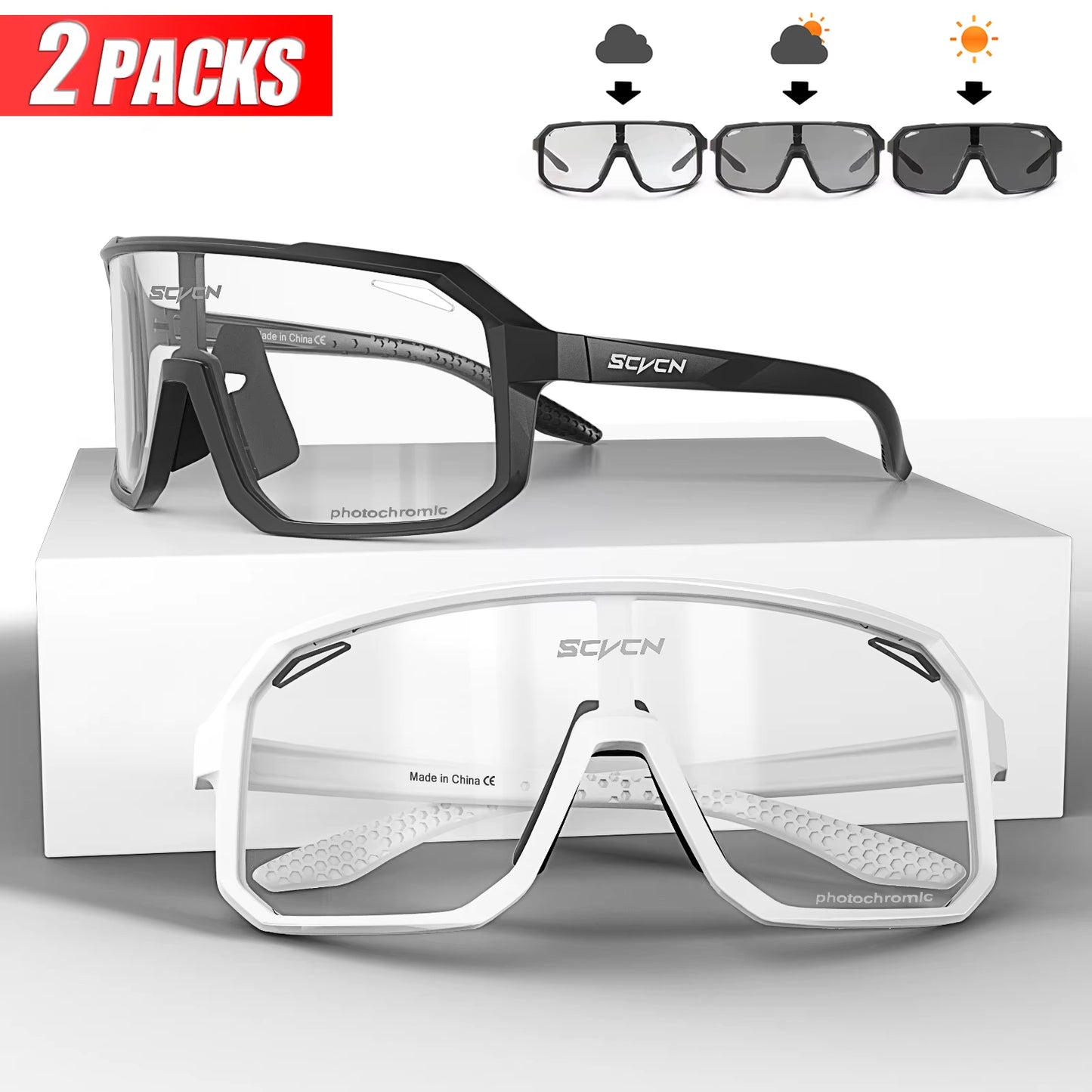 2 Packs Photochromic Riding Cycling Sunglasses Mtb Cycling Glasses Goggles Bicycle Mountain Bike Men'S Women Sport Eyewear