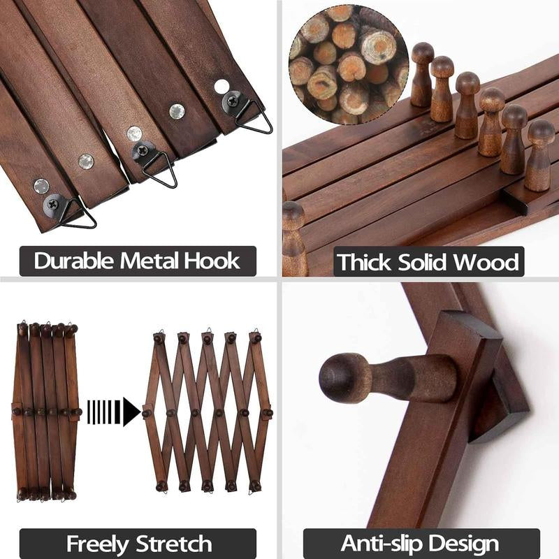 Expandable Accordion Peg Rack with 16 Hooks - Versatile Wooden Organizer for Hats, Coats, Tools & More - Space-Saving Storage Solution for Home, Garage & Entryway (Brown)