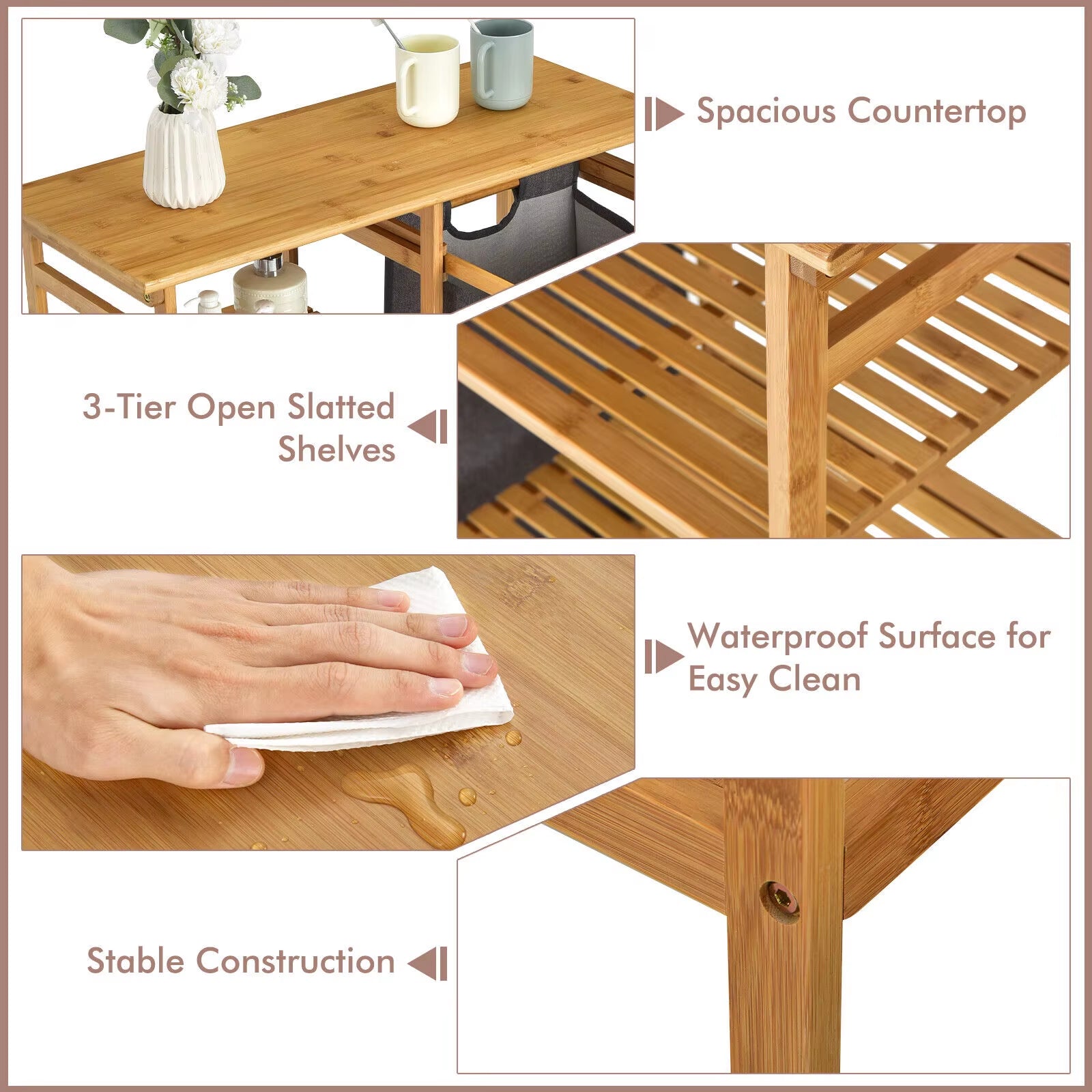 Bamboo Laundry Hamper Stand 3-Tier Laundry Organizer with Removable Sliding Bag