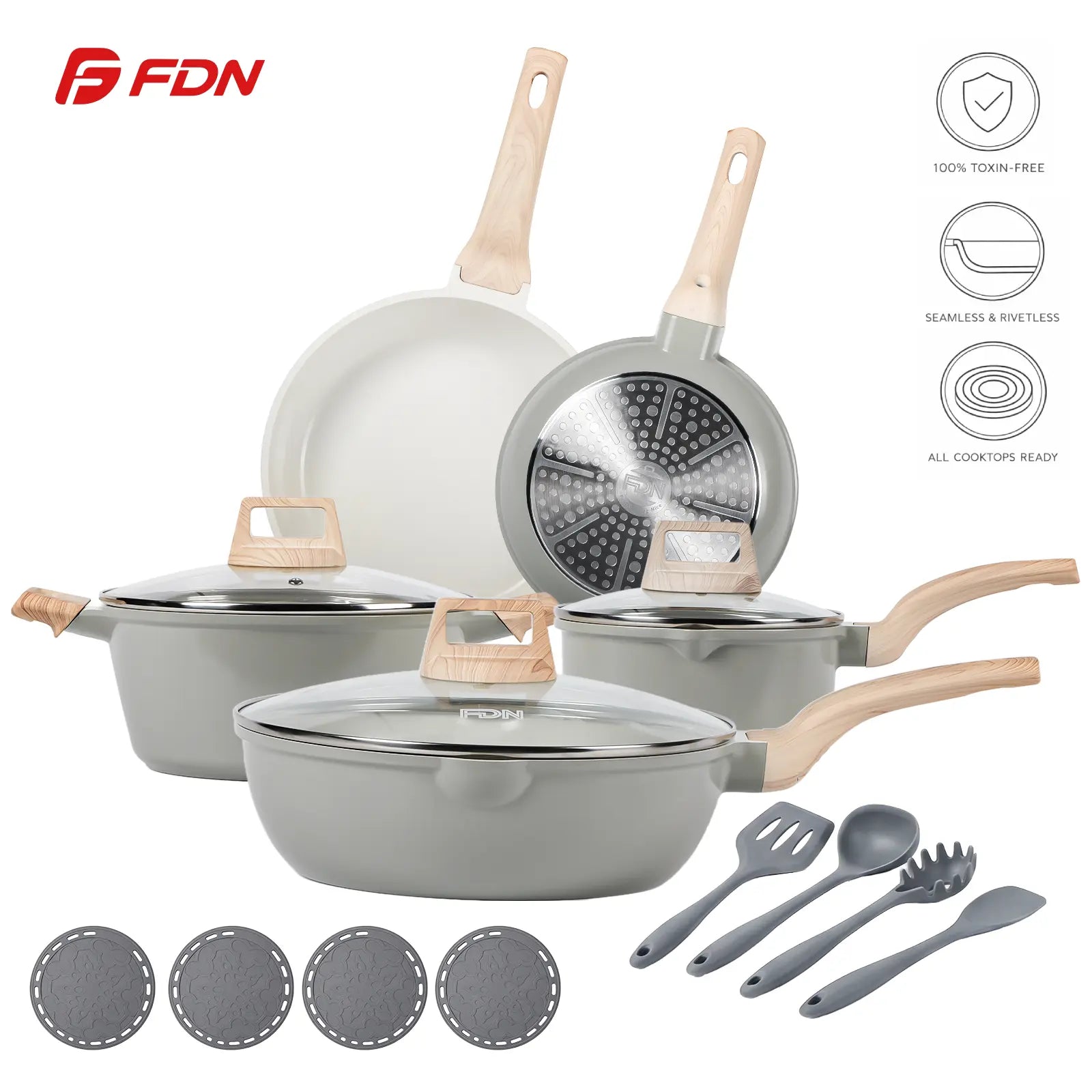 16-Pc Aesthetic Cookware Set - Non-Toxic, PFAS-Free Titanium Ceramic Granite Pots & Pans, Easy-Clean, Oven & Dishwasher Safe, Induction Ready with Fry Pan, Glass Lids & Utensils - Perfect Kitchen Upgrade!