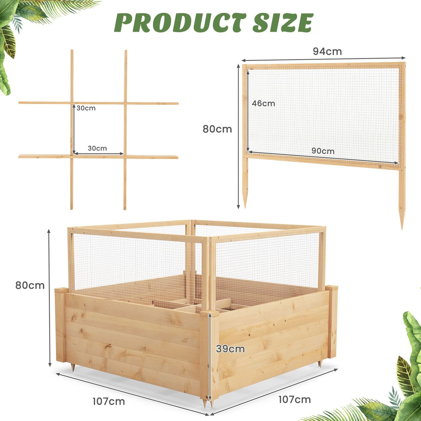 Elevated Garden Bed with Animal Protection Fence and Planting Grid