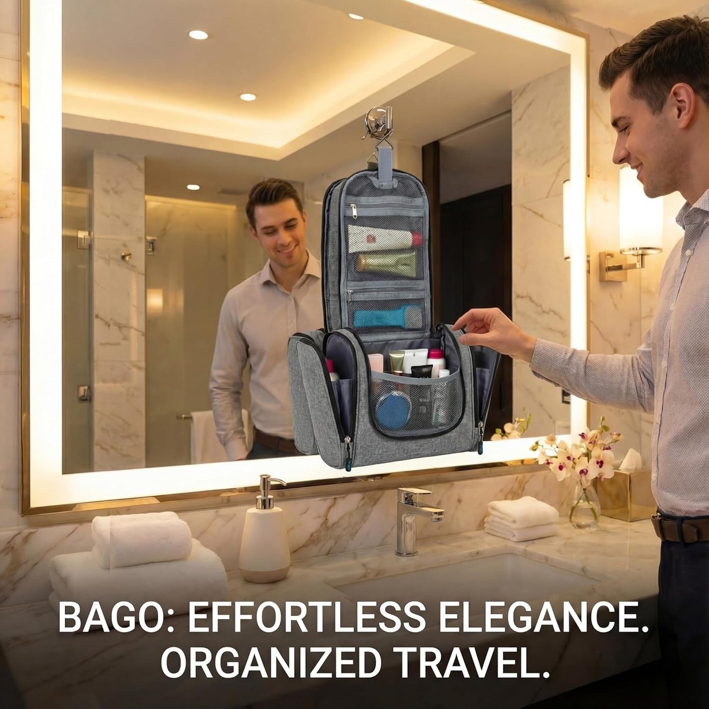 Large Waterproof Hanging Toiletry and Cosmetic Organizer - Travel Essential Accessory for Men and Women (Snowgray)