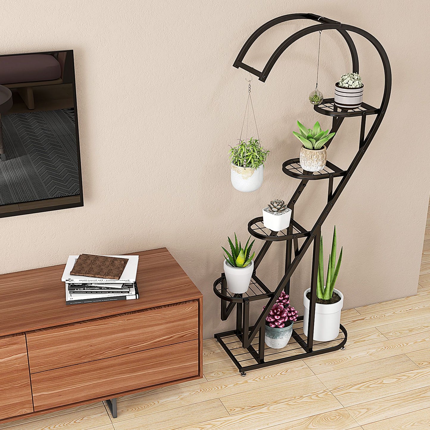 5-Tier Metal Heart-Shaped Plant Stand with Integrated Hanging Hooks