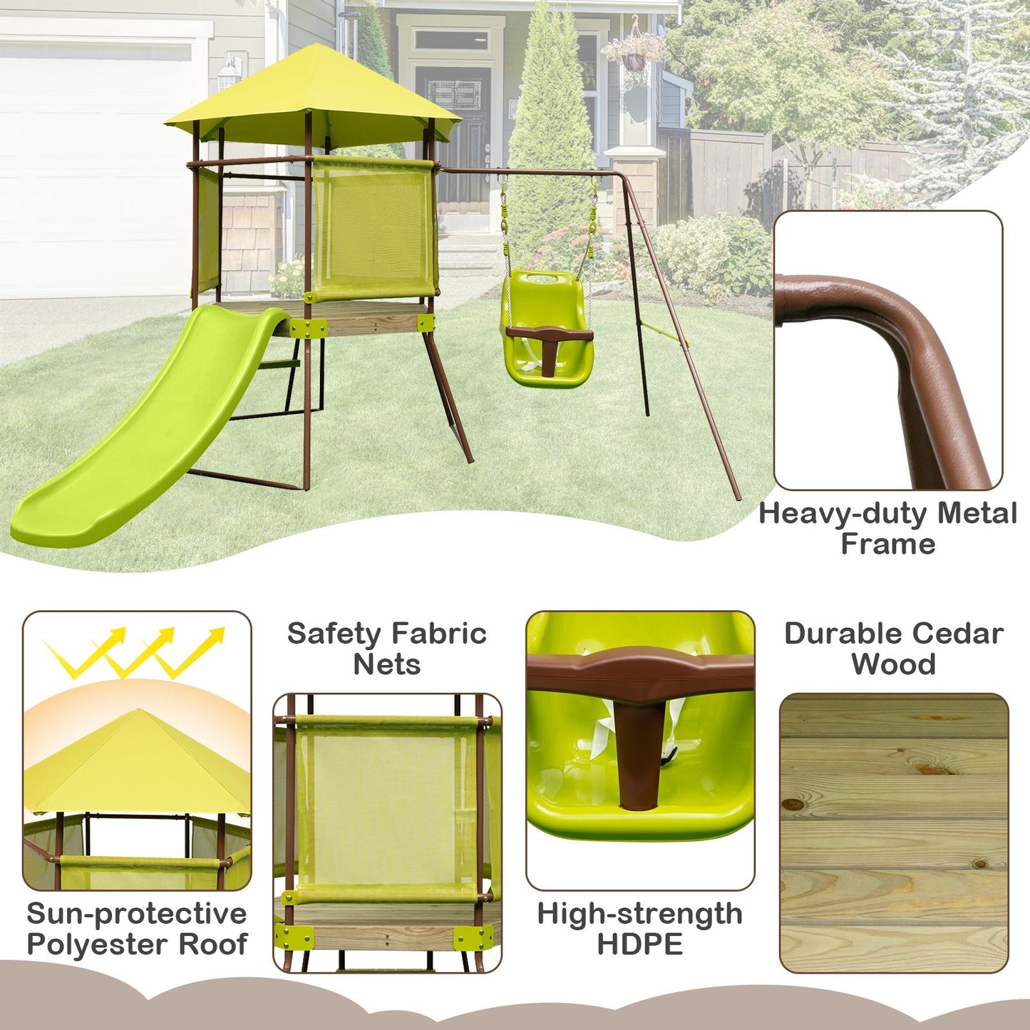Height-Adjustable 4-in-1 Swing Set with Metal Frame and Ground Stakes