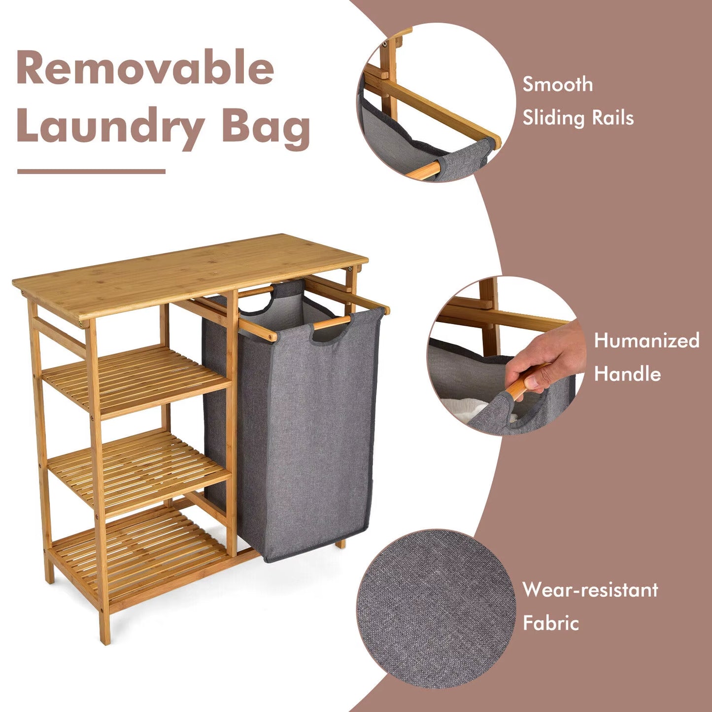 Bamboo Laundry Hamper Stand 3-Tier Laundry Organizer with Removable Sliding Bag