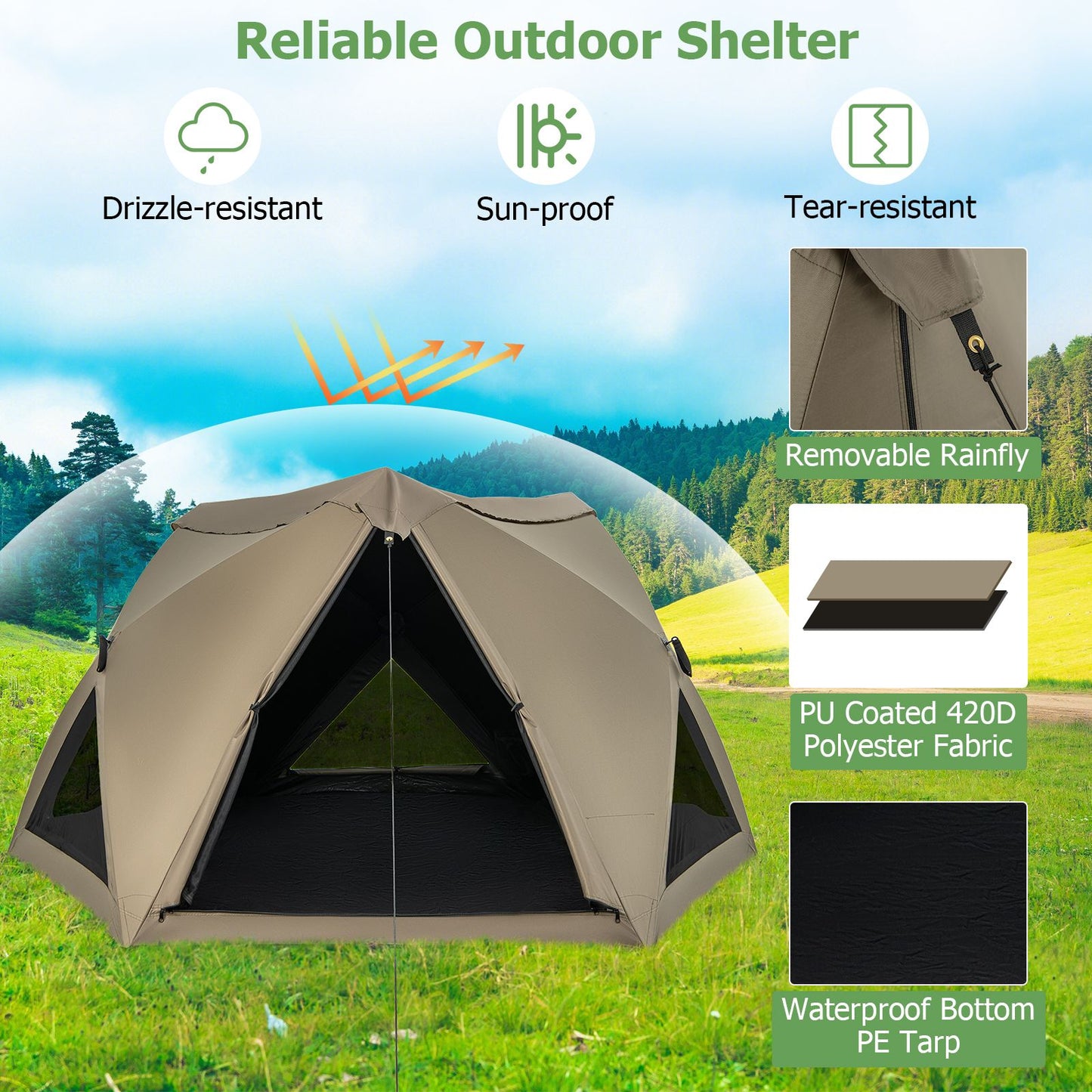 6-Sided Family Tent Featuring Rainfly, Skylight, Three Entrances, and Three Windows