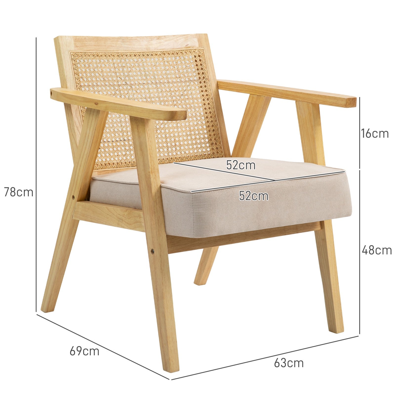 Stylish Rattan-Back Accent Chair with Comfortable Padded Cushion and Durable Rubber Wood Frame