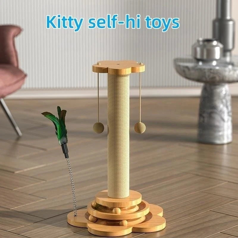 Interactive Solid Wood Cat Turntable with Sisal Scratching Board and Fun Ball Toys - Durable Cat Supplies for Endless Play!