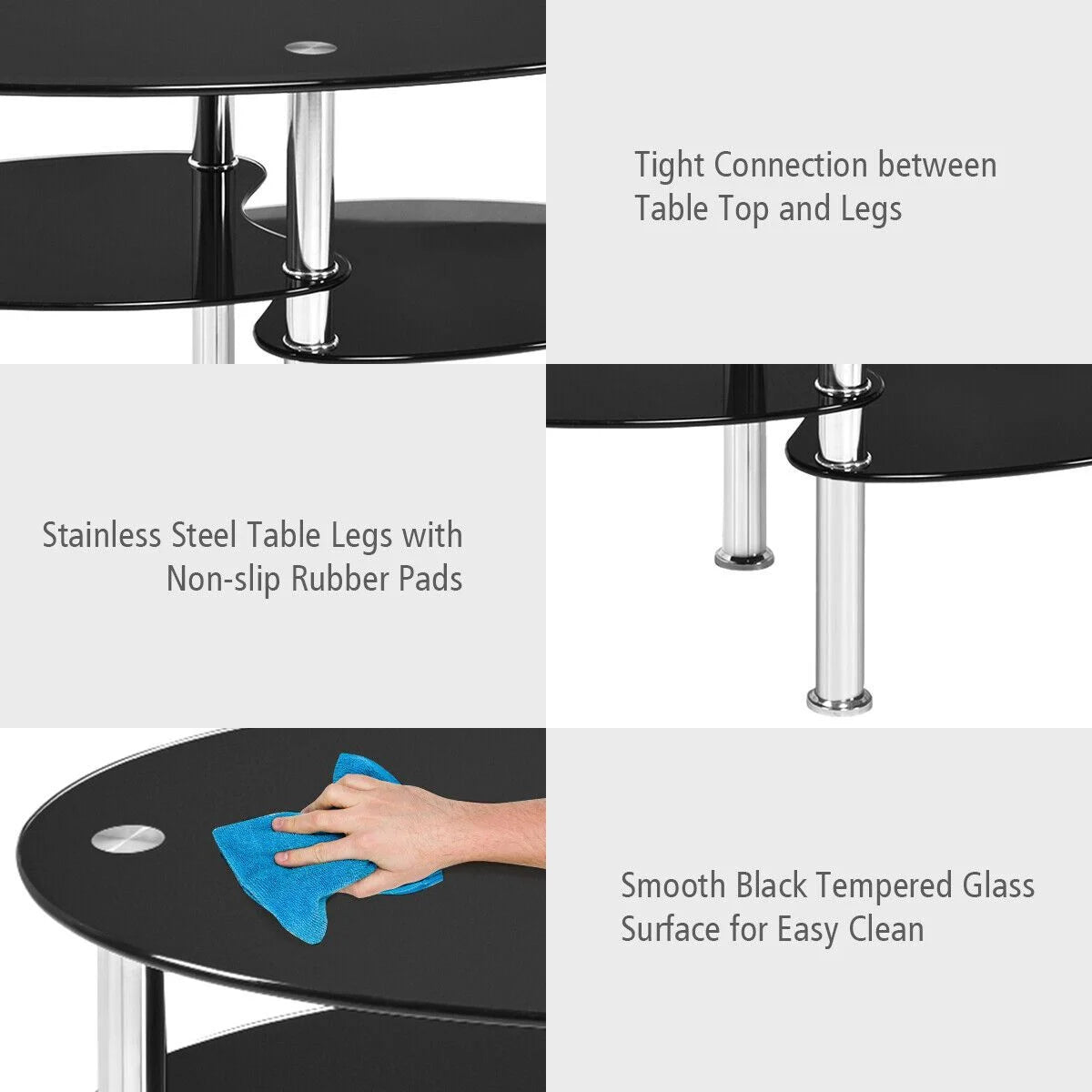Three-Tier Tempered Glass Coffee Table with Two Shelves