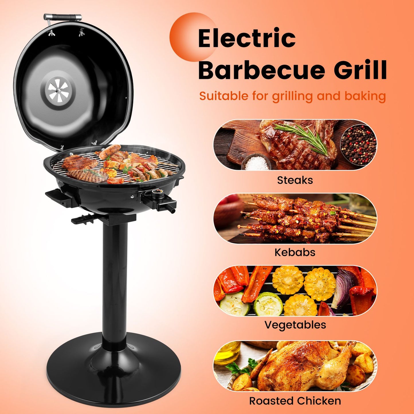 Electric Barbecue Grill with Detachable Non-Stick Cooking Rack