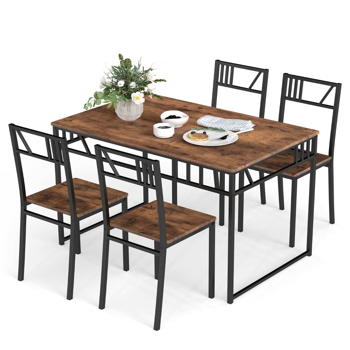 Industrial-Style Kitchen Table and 4 Chairs with Wood like Tabletop and Metal Frame