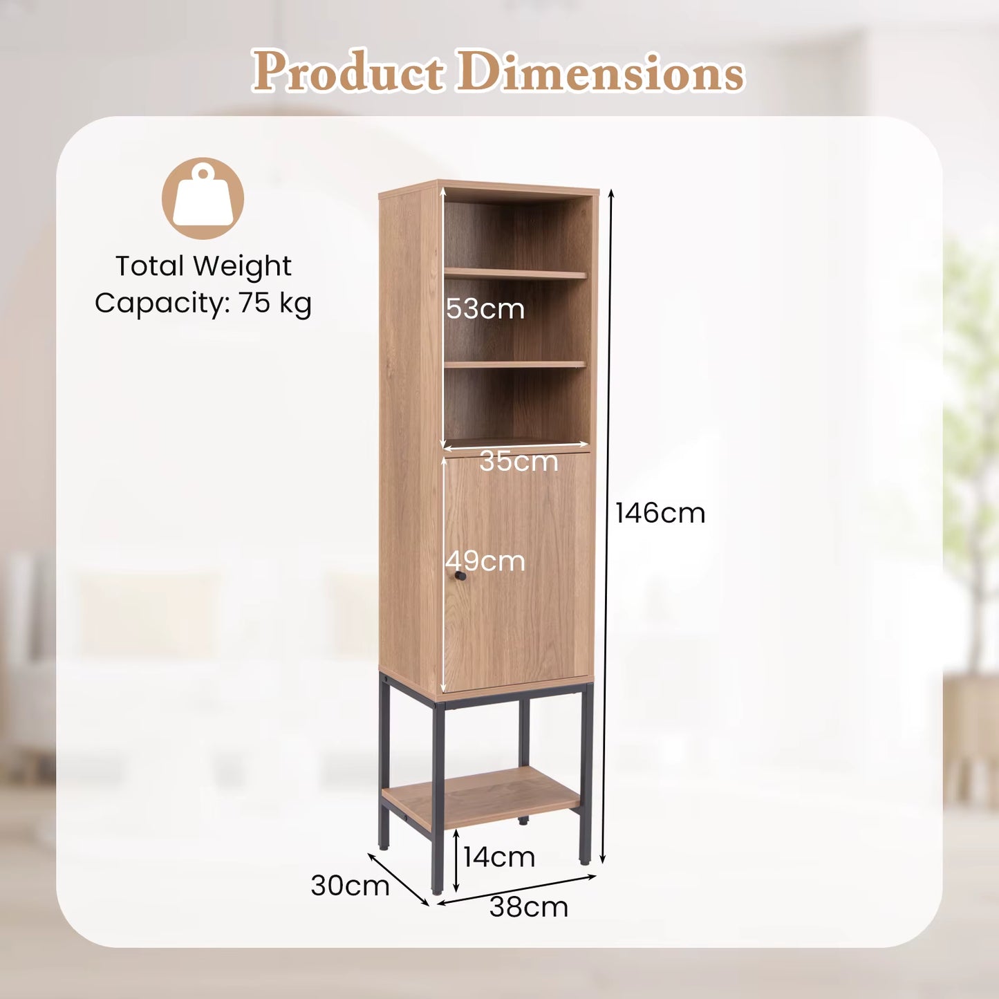 Freestanding Storage Cabinet, Tall Pantry Cupboard W/ 3 Open Shelves, Single-Door Cabinet, Anti-Tipping Kit