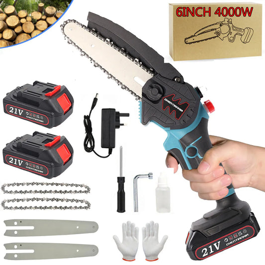 4000W Cordless Mini Chainsaw, 6 Inch One-Hand Electric Wood Cutter with 2 Rechargeable Batteries for Garden Pruning & Wood Cutting