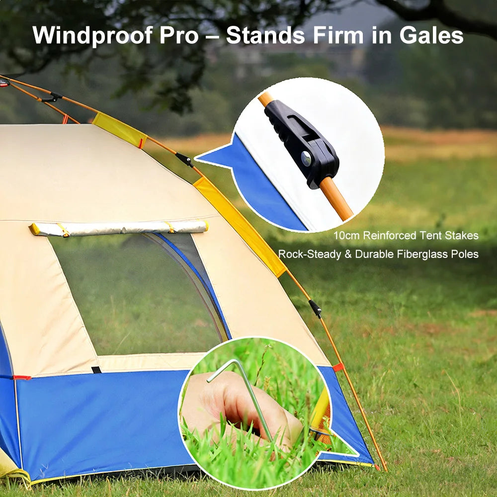 3-4 Person Pop Up Camping Tent - Instant Automatic Setup Double Layer Waterproof 4 Season Family Outdoor Travel Tent for UK Garden Beach Festival - Sky Blue