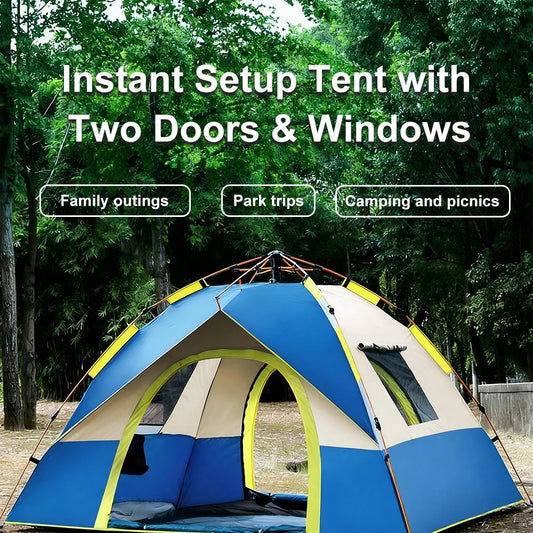 3-4 Person Pop Up Camping Tent - Instant Automatic Setup Double Layer Waterproof 4 Season Family Outdoor Travel Tent for UK Garden Beach Festival - Sky Blue