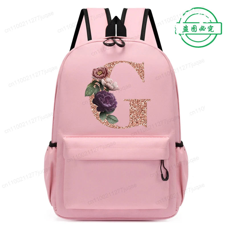 Cute Rose Gold Letter A~Z Kawaii Back To School Backpack for Girl Boy Children Rucksack Fashion Casual School Bags Birthday Gift