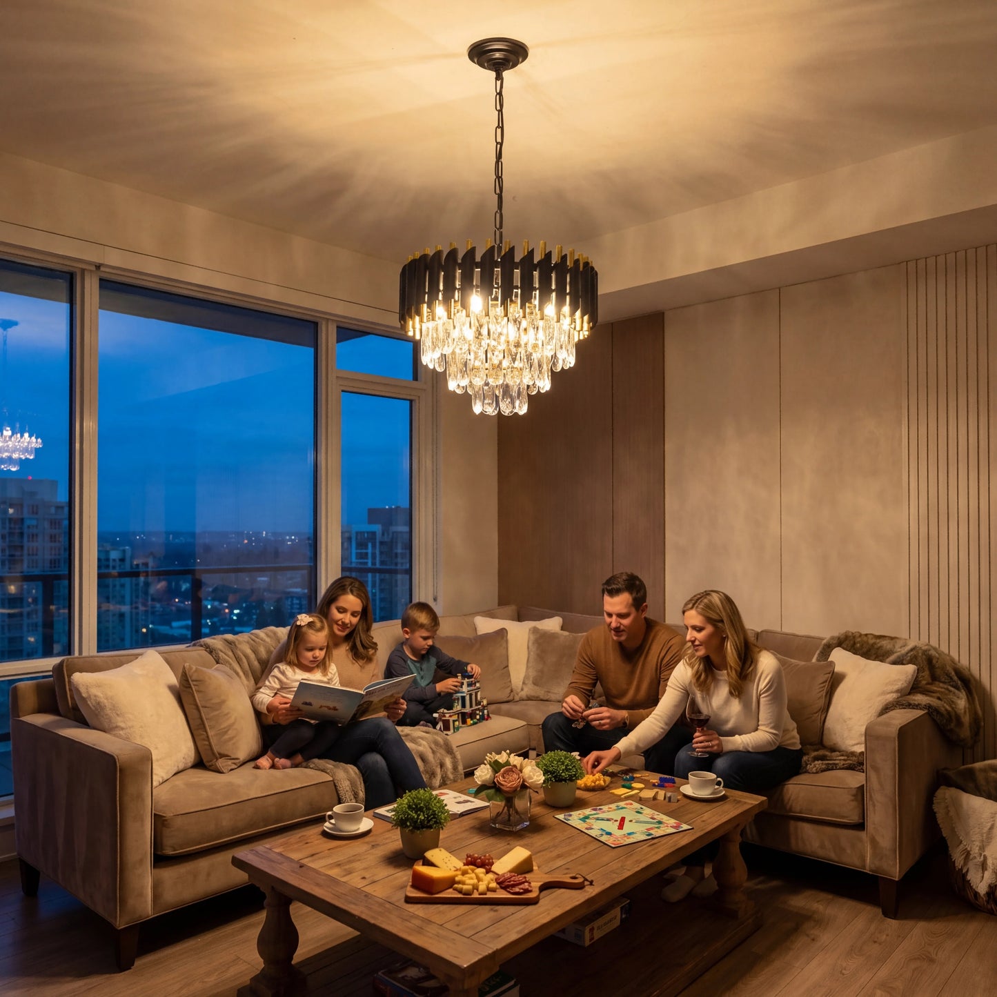 Modern Black and Gold Crystal Chandelier, Adjustable Chain Hanging Ceiling Light Fixture - dining room/living room/bedroom/foyer