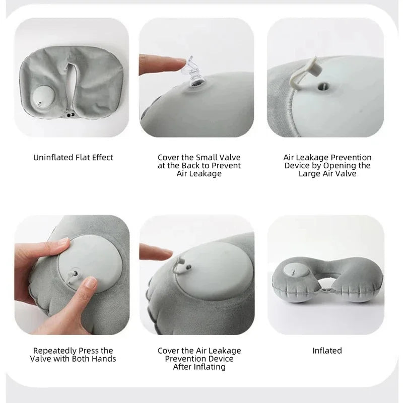 U Shaped Inflatable Travel Pillow Push Pump Portable Air Neck Support Cushion