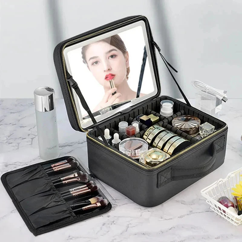 LED Lighted Makeup Bag with Mirror Large Capacity Travel Cosmetic Case Women Beauty Storage Organizer