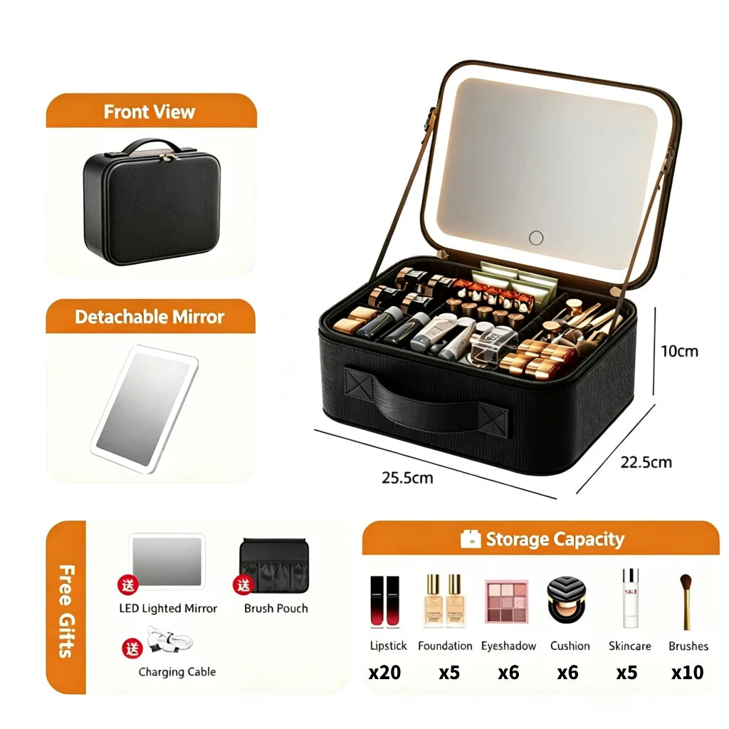 LED Lighted Makeup Bag with Mirror Large Capacity Travel Cosmetic Case Women Beauty Storage Organizer