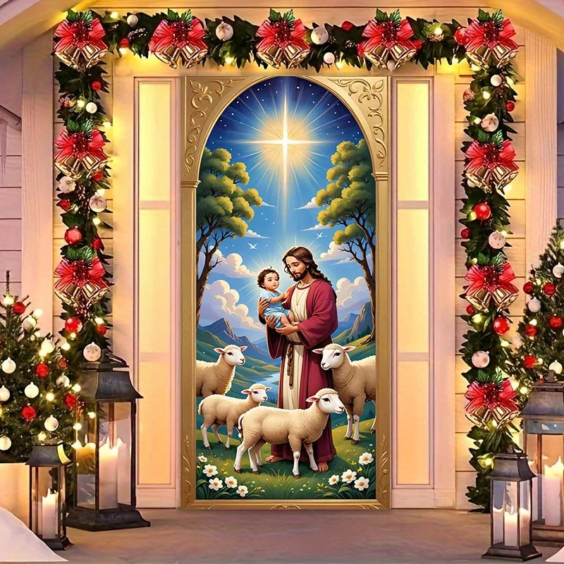 A Christmas door ornament with a warm family scene and elegant floral wreath