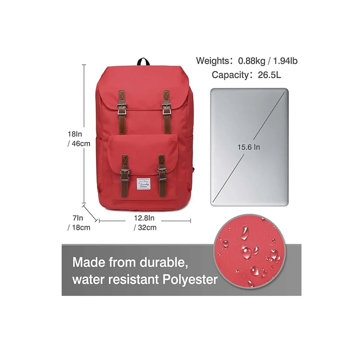 Unisex Vintage Backpack 26L Large Capacity School Rucksack for Men And Women Water Resistant 15.6inch Laptop Compartment Casual Travel Bag