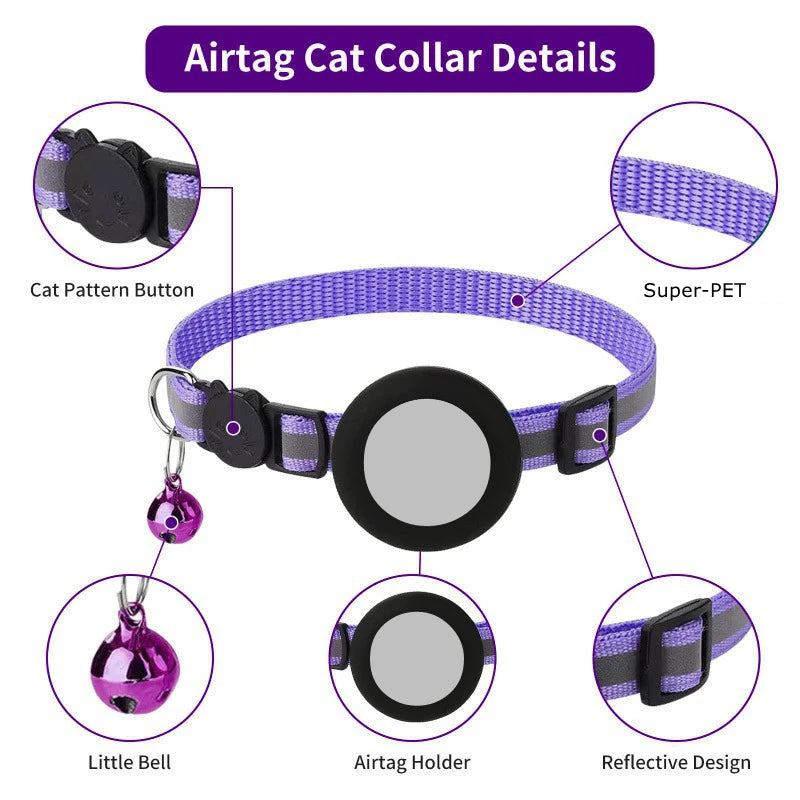 Airtag Cat Collar, Reflective Breakaway Safety Buckle with Bell, Adjustable Anti-Lost GPS Collar Holder for Kittens Puppies
