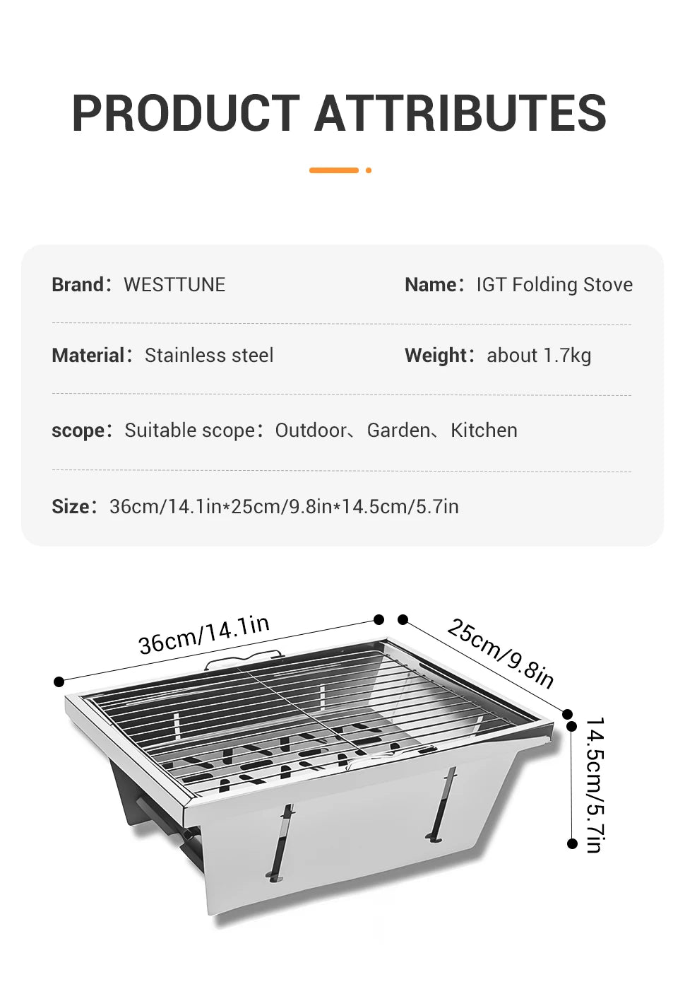 WESTTUNE IGT Barbecue Grill Folding Charcoal Firewood Stove Heater Portable Camping Picnic Cookware Stainless Steel BBQ Rack