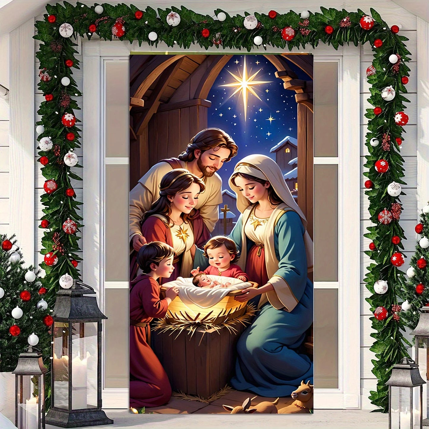 A Christmas door ornament with a warm family scene and elegant floral wreath