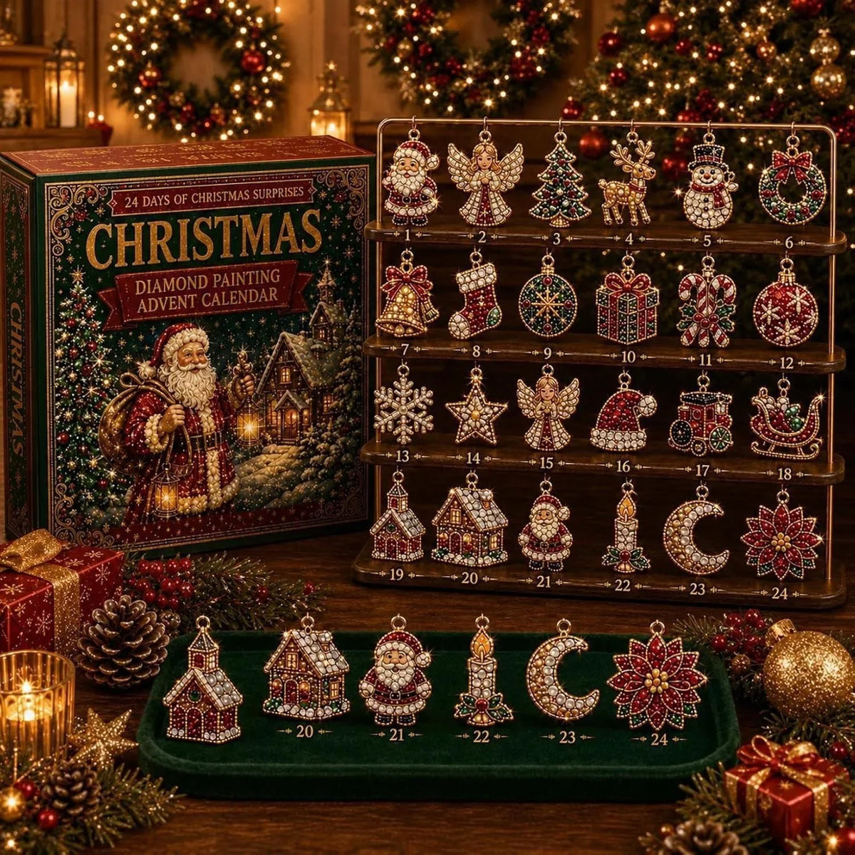 24-Day Mini Christmas Brick Ornament Advent Calendar,2D Acrylic Christmas Tree Backpack Pendant Holiday Countdown Gift