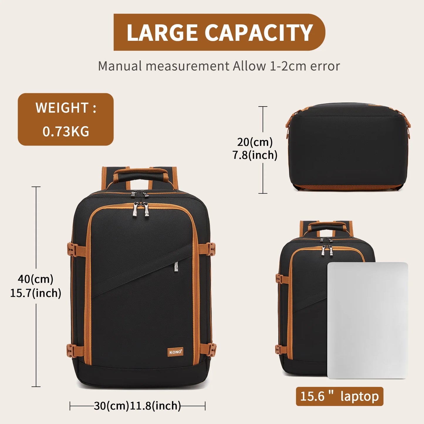 Kono 40x30x20cmRyanair Cabin Backpack Underseat  Carry-On with 15.6" Laptop Compartment - Travel Rucksack
