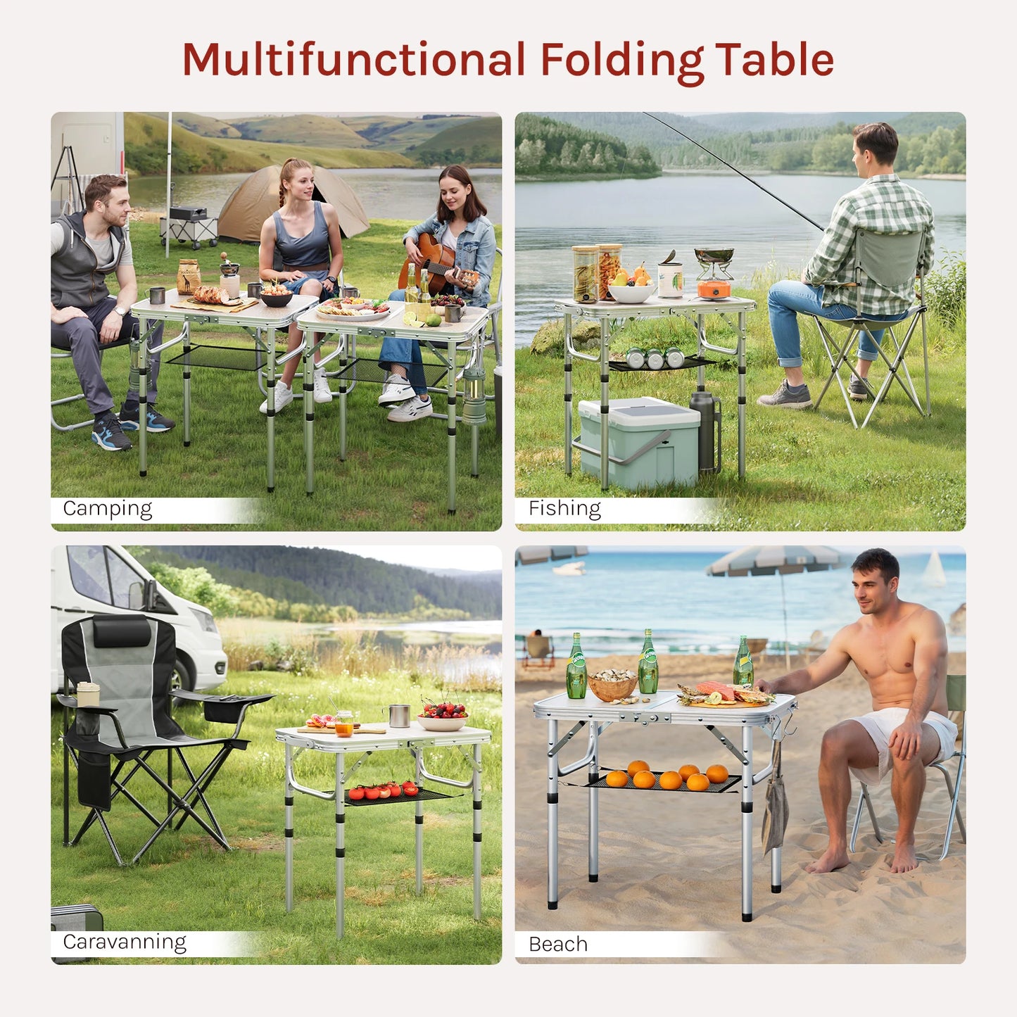 WOLTU Folding Table Height Adjustable Portable Table Top with Storage Net and Hooks for Picnic Garden Camping Outdoor