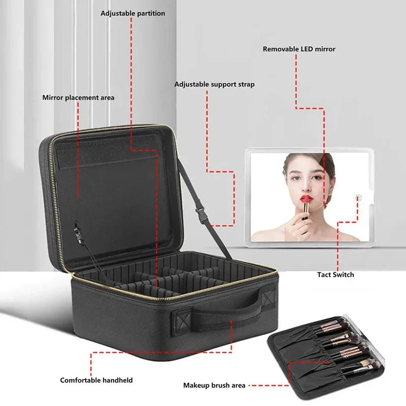 LED Lighted Makeup Bag with Mirror Large Capacity Travel Cosmetic Case Women Beauty Storage Organizer