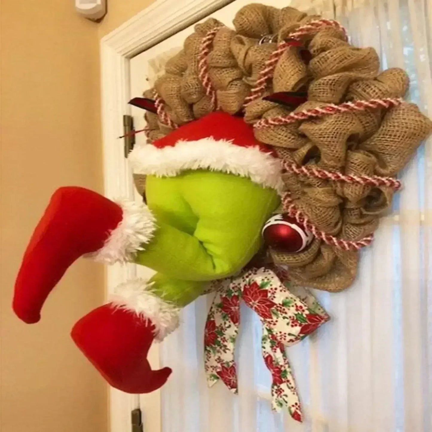 Grinch Leg Wreath Door Hanging - Creative Christmas Décor Plush "The Christmas Thief"