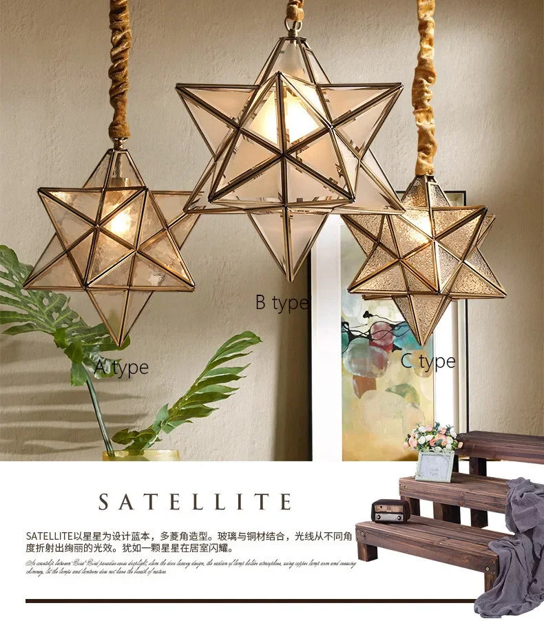 Simple Bedroom Creative Personality Glass/copper Star Chandelier Lamps