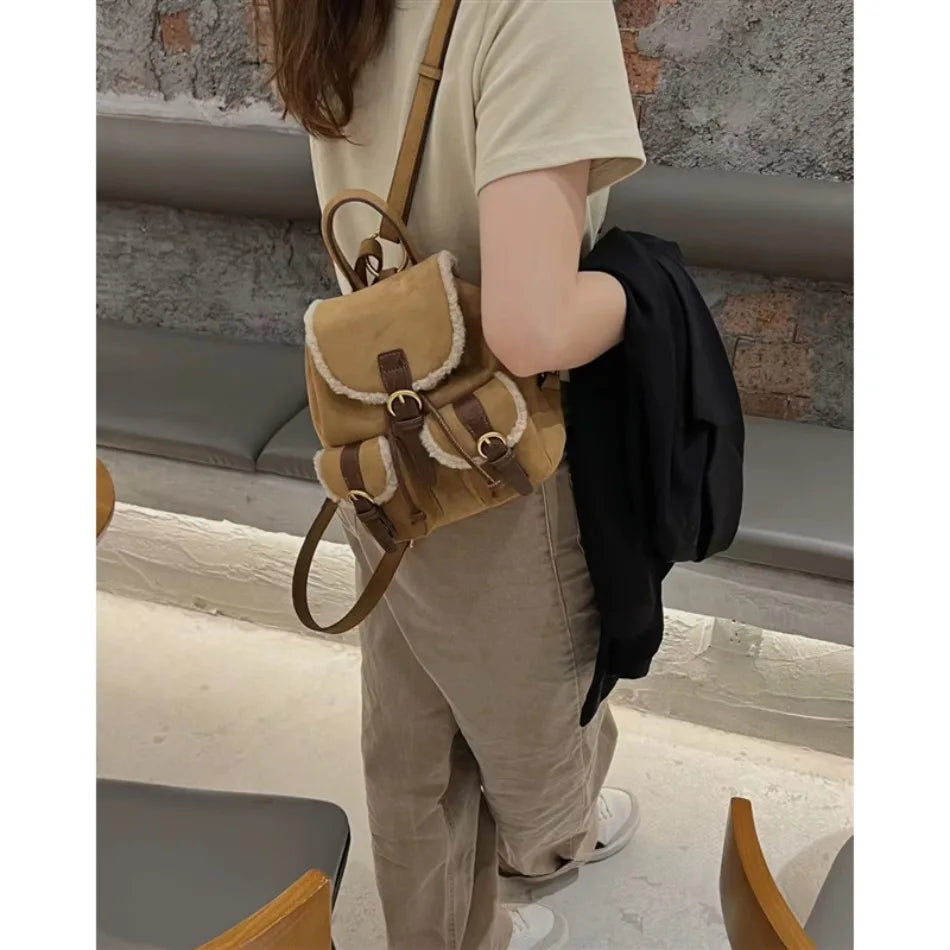 Retro Velvet Pocket Backpack Korean Indie Suede Casual Women’s Backpack New Autumn/Winter Style Versatile Patchwork School Bag