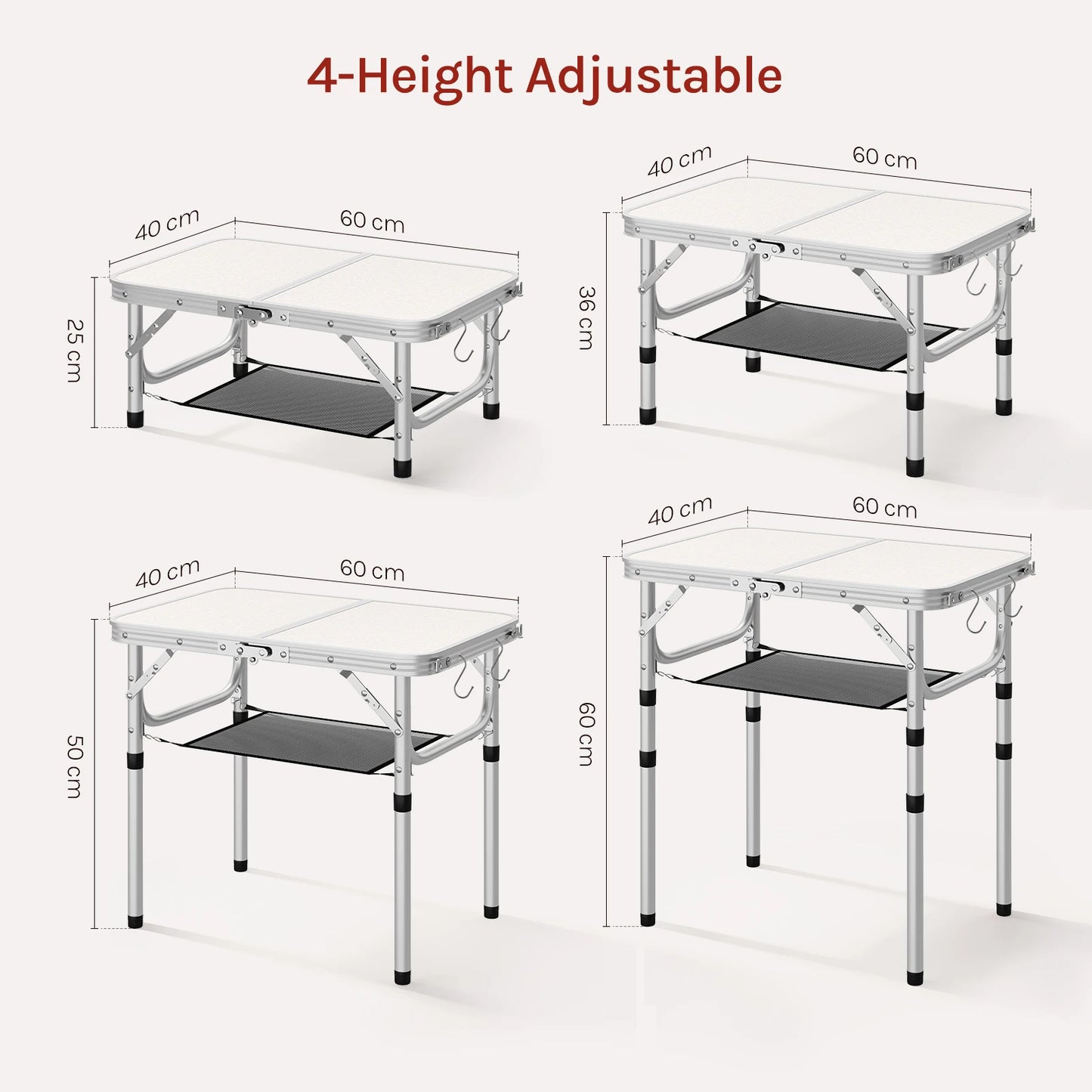 WOLTU Folding Table Height Adjustable Portable Table Top with Storage Net and Hooks for Picnic Garden Camping Outdoor
