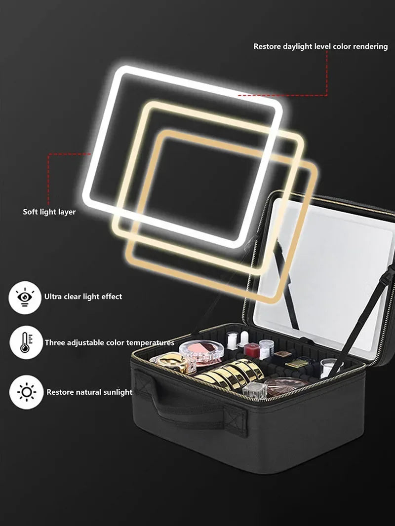 LED Lighted Makeup Bag with Mirror Large Capacity Travel Cosmetic Case Women Beauty Storage Organizer